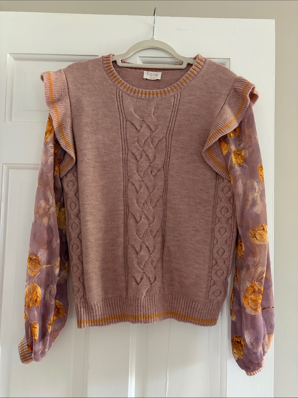 Fate Mauve Cable Knit Sweater with Floral Sheer Gold Accent Sleeves